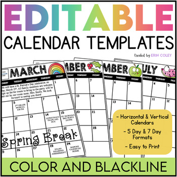 editable monthly calendar classroom templates