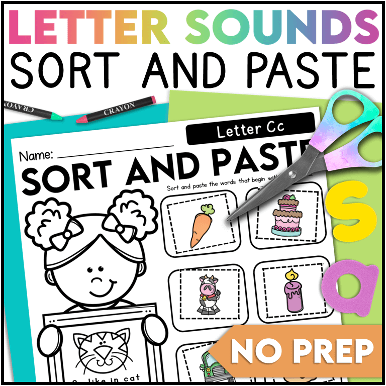 This free sort and paste beginning sounds activity is a great way for students to their phonemic awareness skills– all while using their fine motor skills! The best part? These printables are NO PREP! Simply print and go!