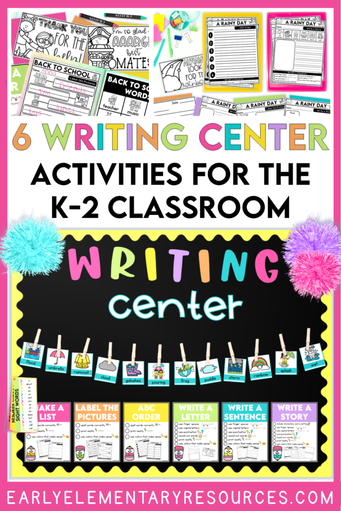 Six writing center activities for K-2 students. Writing center bulletin board image and student examples.
