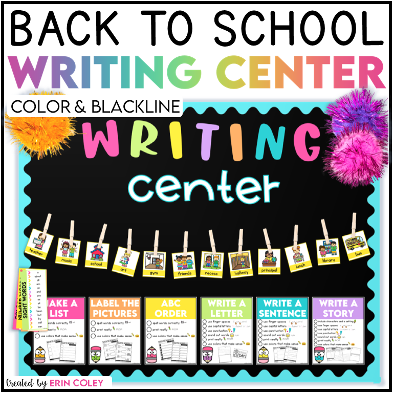 Back to School Writing Center Bulletin Board with color vocabulary cards and writing checklists.